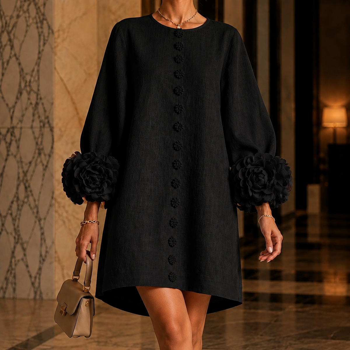 Portia Floral Cuff Dress - Black